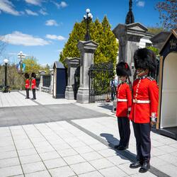 Des membres des Governor General Foot Guards au garde-à-vous à la porte Queens à Rideau Hall