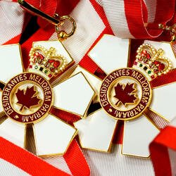 L’insigne de l’Ordre du Canada a la forme d’un flocon de neige à six pointes et arbore en son centre une feuille d’érable entourée d’un anneau rouge.