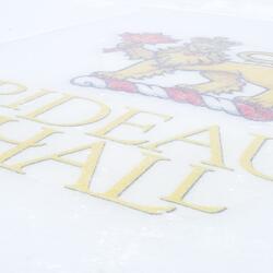 Un léopard d’or ceint de la couronne royale et les mots « Rideau Hall » sur une glace extérieure.