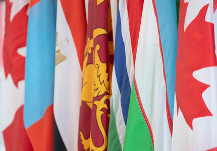 Les drapeaux de la Mongolie, de l'Égypte, du Sri Lanka, de la Gambie et de l'Ouzbékistan sont côte à côte.