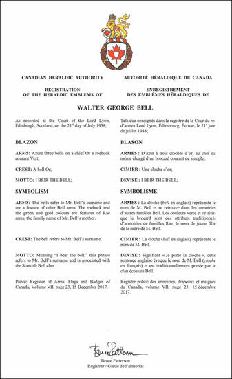 Lettres patentes enregistrant les emblèmes héraldiques de Walter George Bell