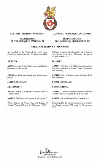 Letters Patent registering the Heraldic Emblems of William Harvey McNairn
