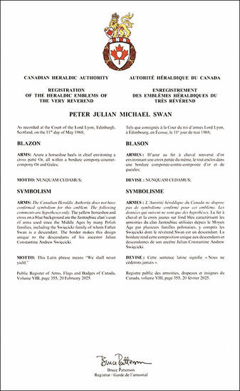 Armoiries de Peter Julian Michael Swan