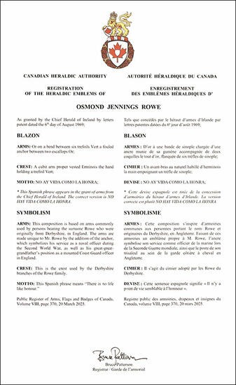 Arms of Osmond Jennings Rowe