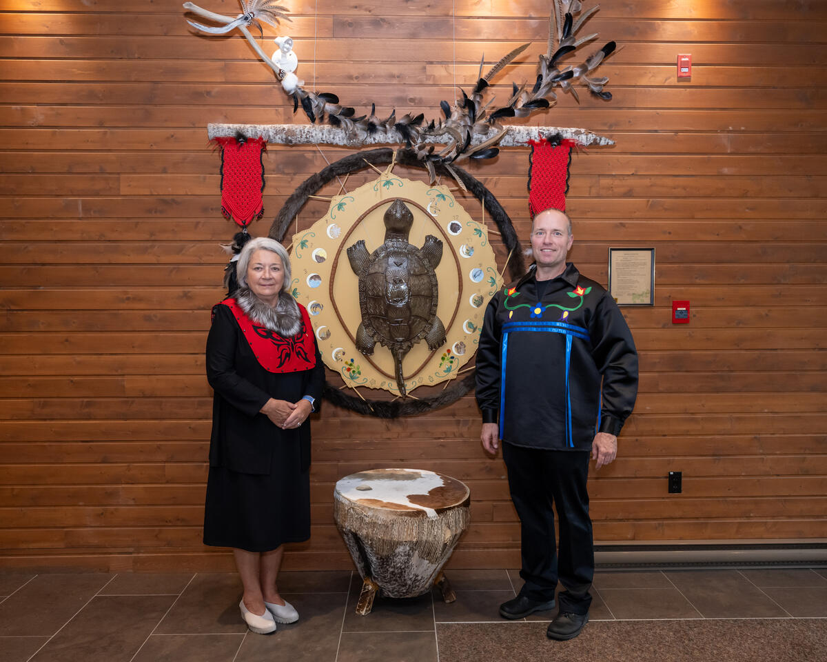 Governor General Mary Simon stands with Grand Chief Remy Vincent at Huron-Wendat museum in Wendake